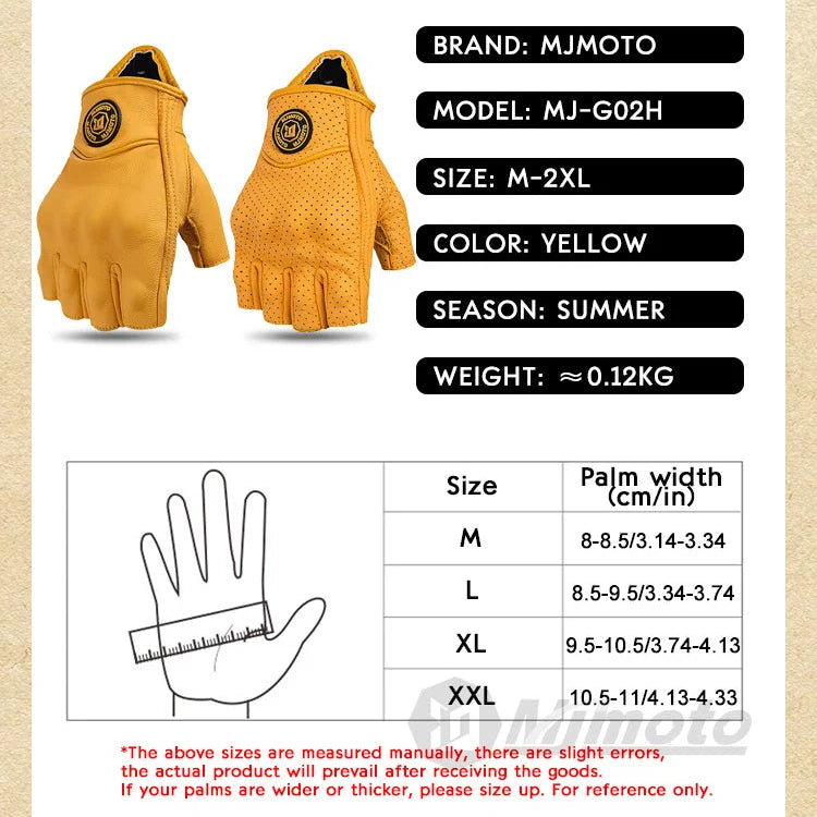 Product information card for yellow gloves with MJMOTO branding on a beige background.
