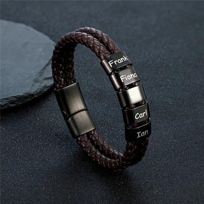 Custom Family Name Braided Leather Bracelet for Men Personalized Stainless Steel Charm