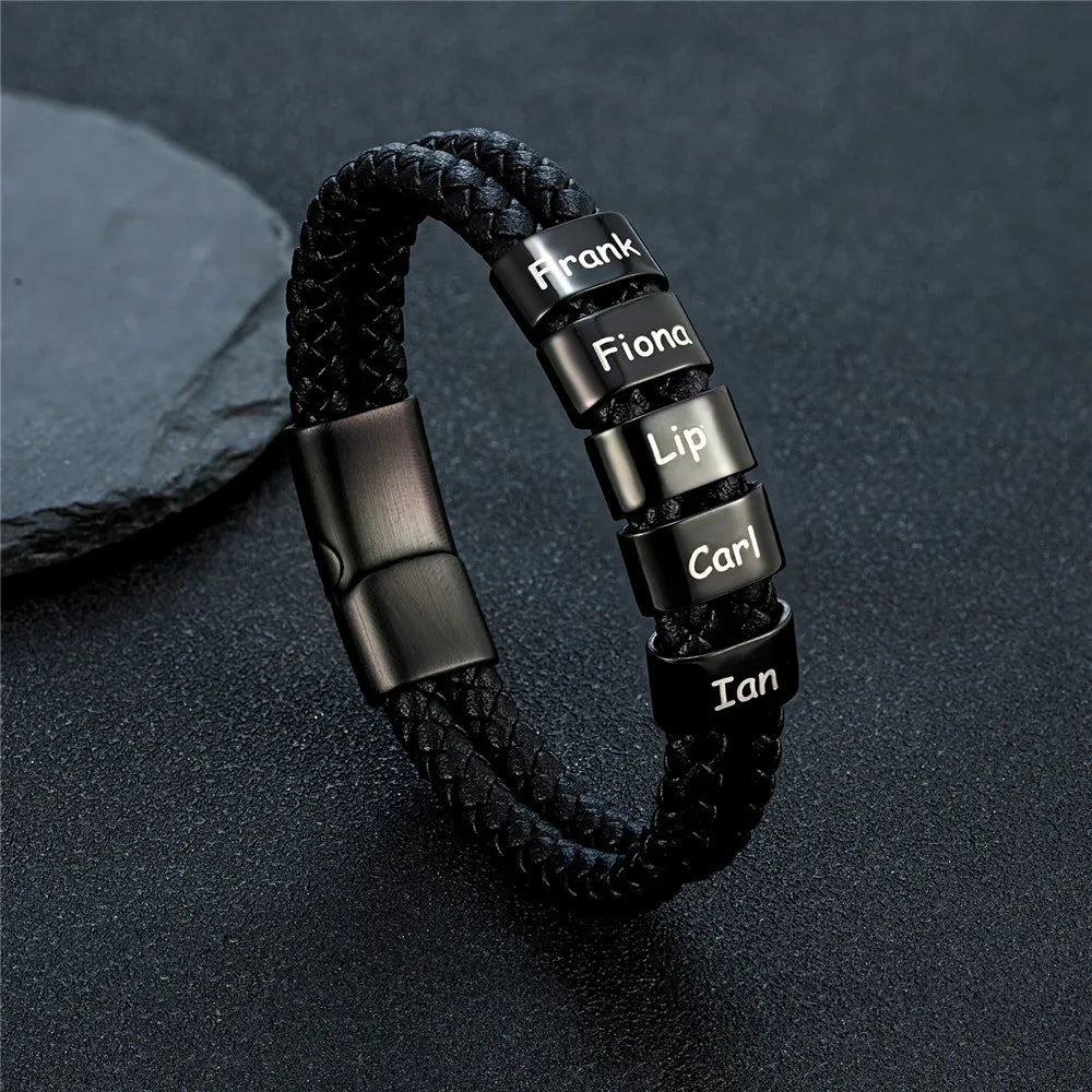 Custom Family Name Braided Leather Bracelet for Men Personalized Stainless Steel Charm