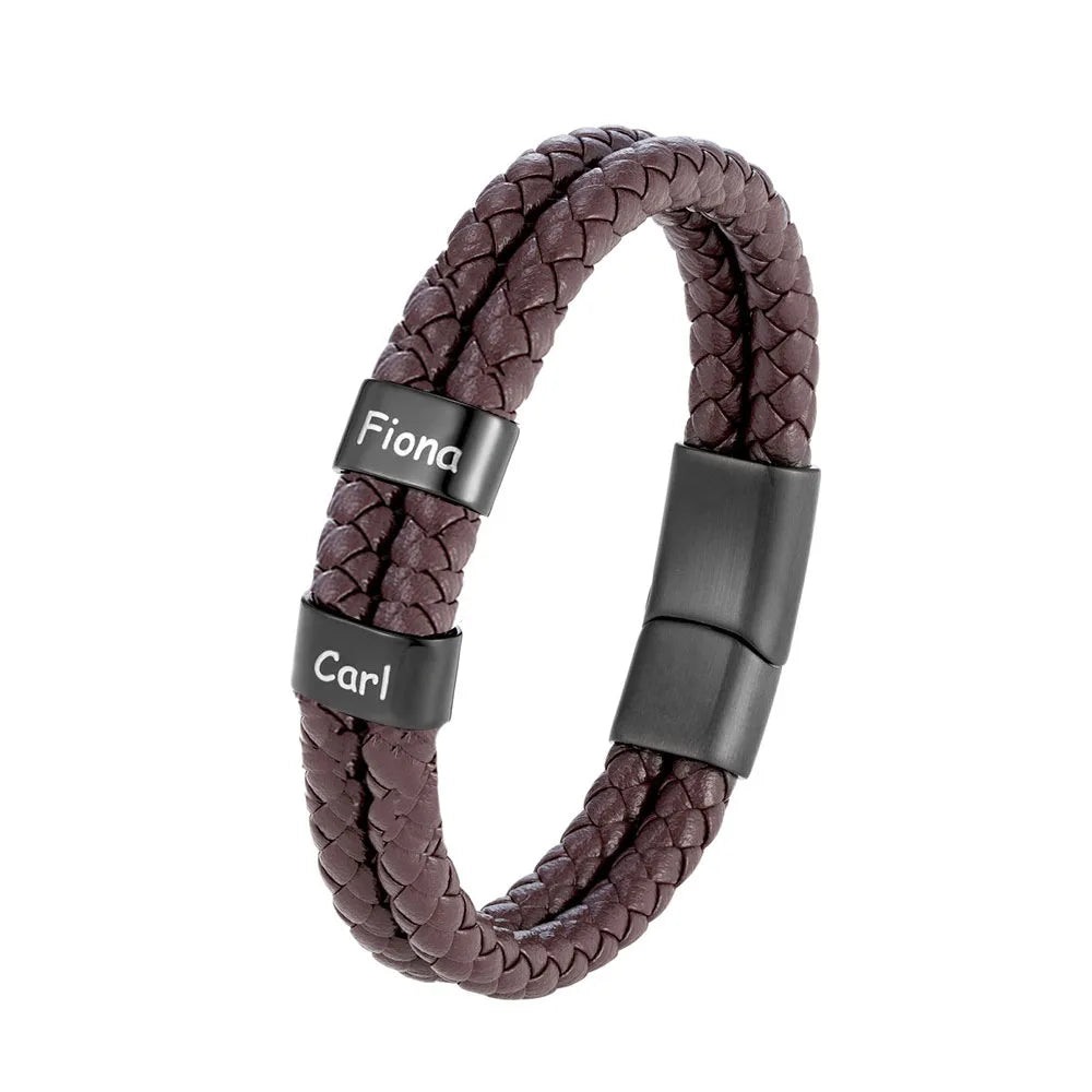 Custom Family Name Braided Leather Bracelet for Men Personalized Stainless Steel Charm