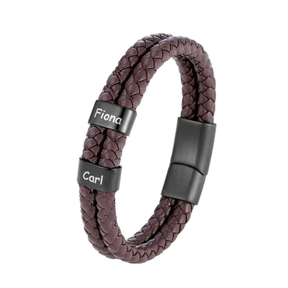 Custom Family Name Braided Leather Bracelet for Men Personalized Stainless Steel Charm