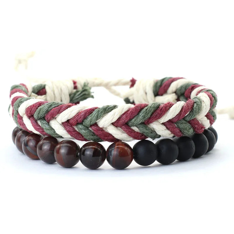 Noter New 2Pcs/Set Men Bracelet Handmade Weaven Adjustable Cord Chain Braslet 8mm Natural Lava Tiger Eyes Stone Braclet Homme deideas