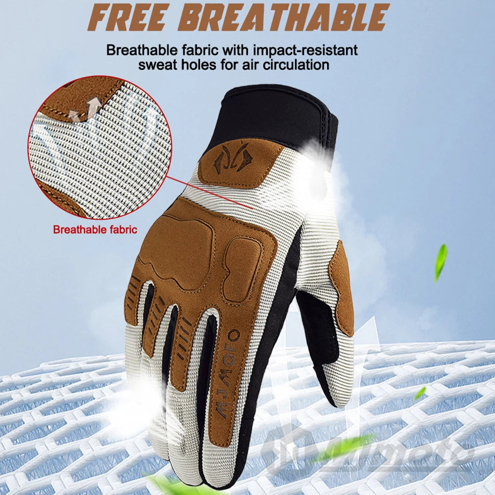 Brown and white glove with breathable fabric feature on a blue background