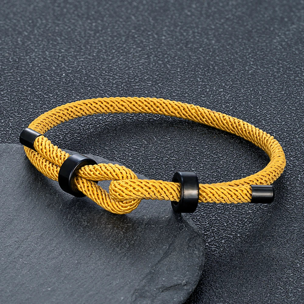 Adjustable Rope Bracelet Black Steel Charm, Waterproof & Durable