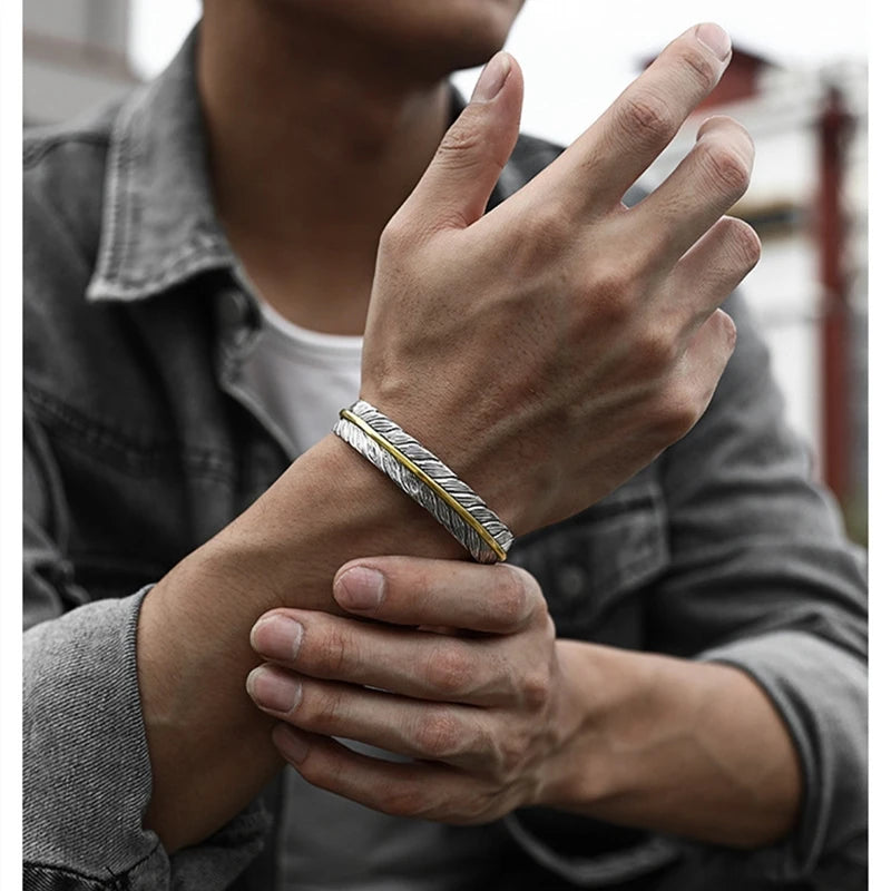 Wild Spirit Feather Cuff  Adjustable Silver Bracelet for Men