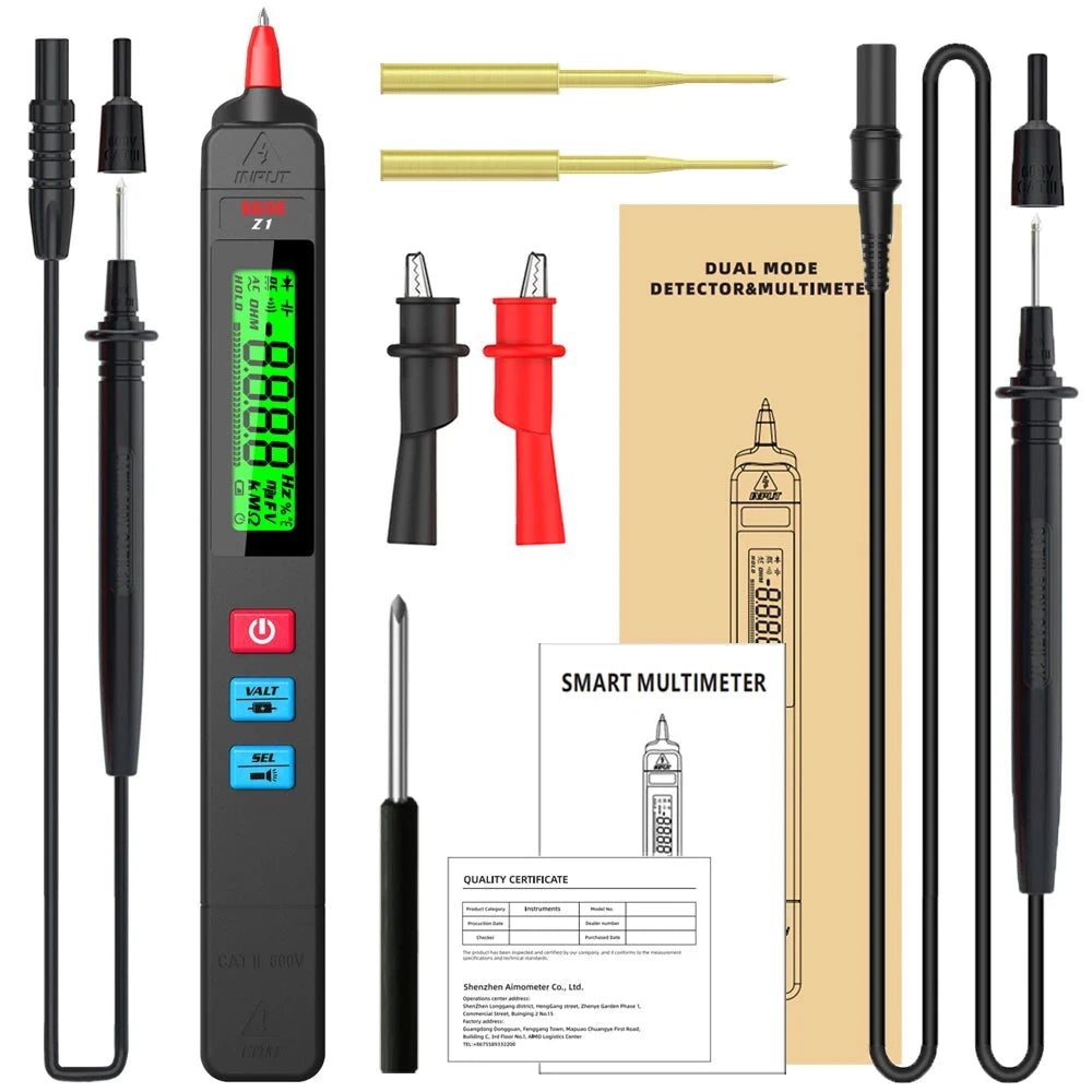 Digital multimeter, voltage detector, tester, contactless smart electric pen, NCV, live cable continuity test, Hz ohms, DC, AC meter deideas