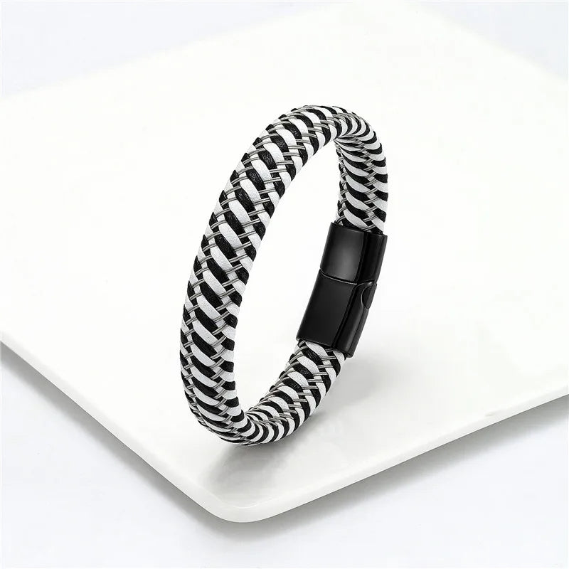 Stainless Steel Braided Leather Bracelet Elegant Style