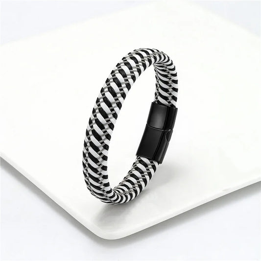 Stainless Steel Braided Leather Bracelet Elegant Style