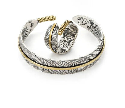 Wild Spirit Feather Cuff  Adjustable Silver Bracelet for Men