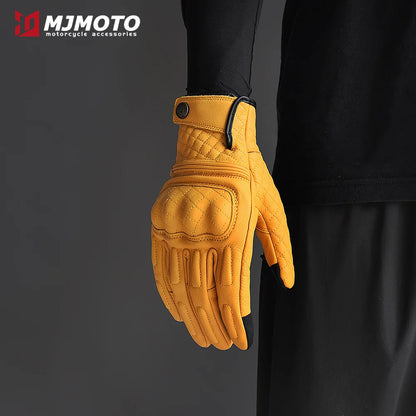 Yellow motorcycle glove held by a person wearing a black sleeve, with MJMOTO logo in the corner.