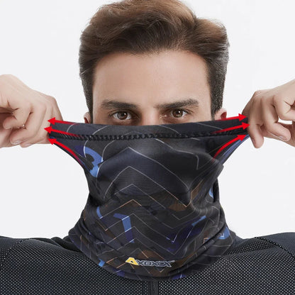 Person wearing a patterned neck gaiter with a visible brand logo on a white background