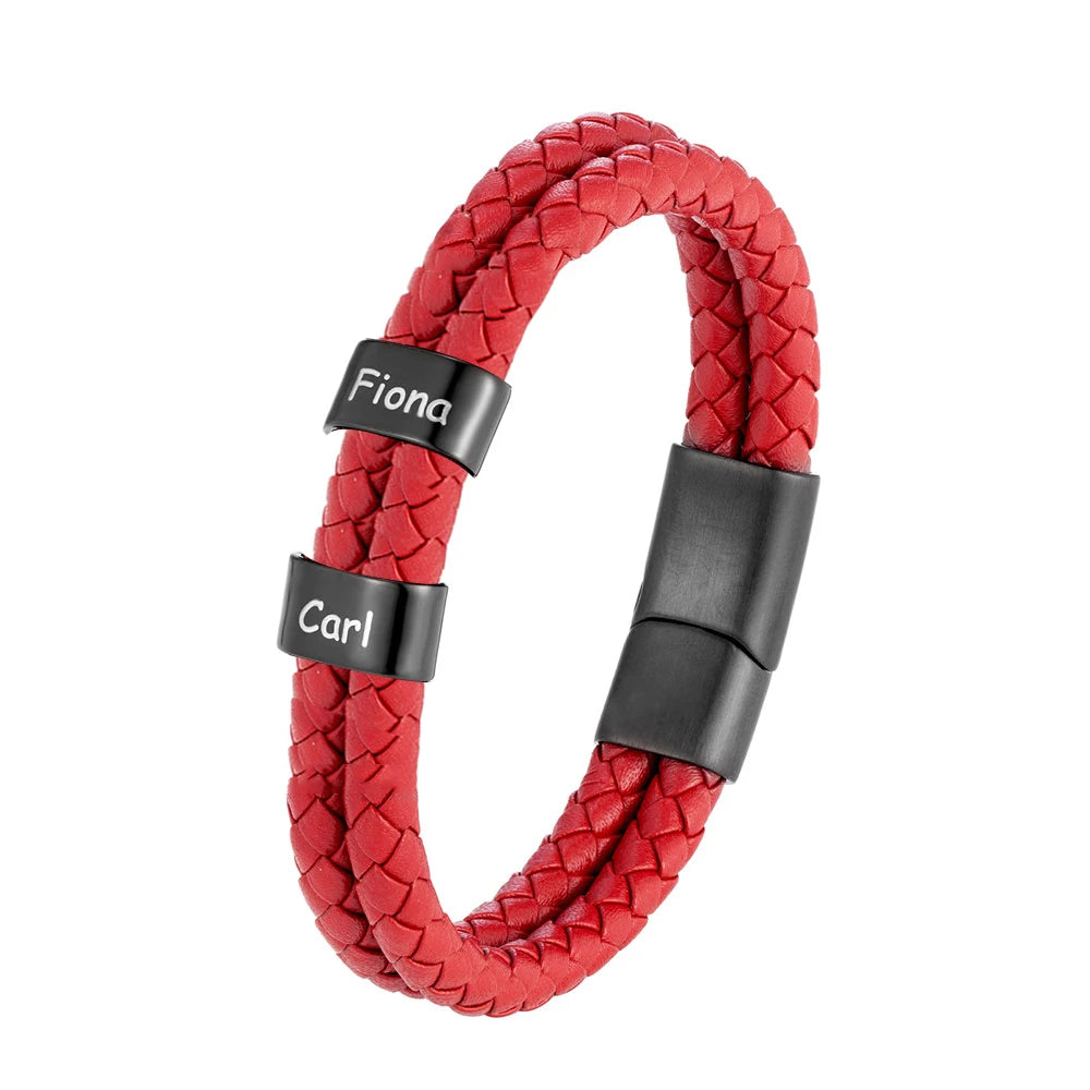 Custom Family Name Braided Leather Bracelet for Men Personalized Stainless Steel Charm