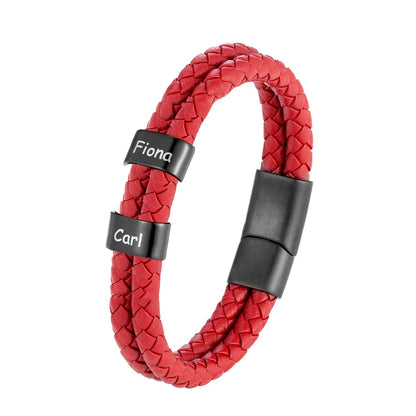 Custom Family Name Braided Leather Bracelet for Men Personalized Stainless Steel Charm