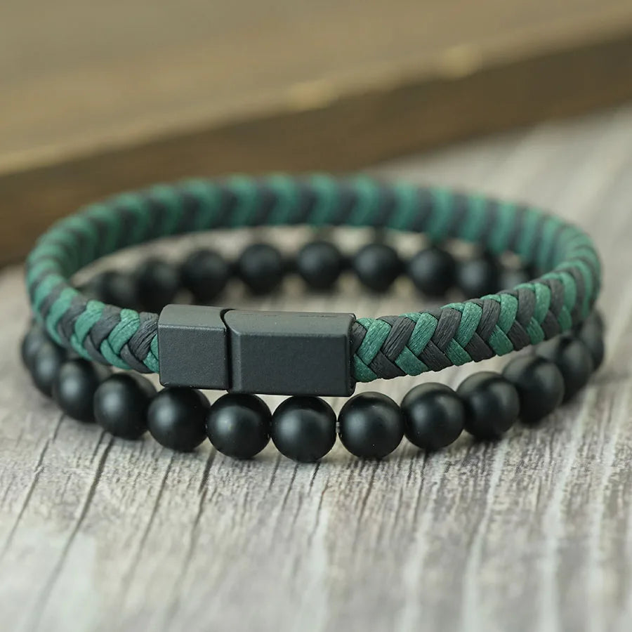 Noter 2Pcs Bracelets Exclusifs Pour Hommes 8mm Onyx Stone Strand Braclet Handmade Weaven Leather Braslet Perfect Gift For Him deideas