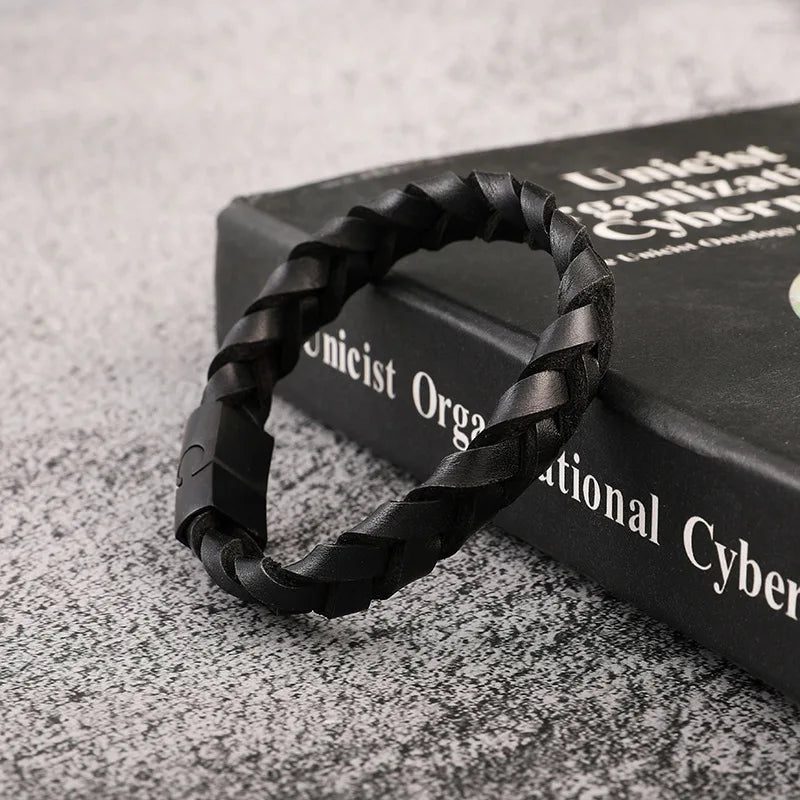 Race Line Brushed Black Leather & Steel Men’s Bracelet