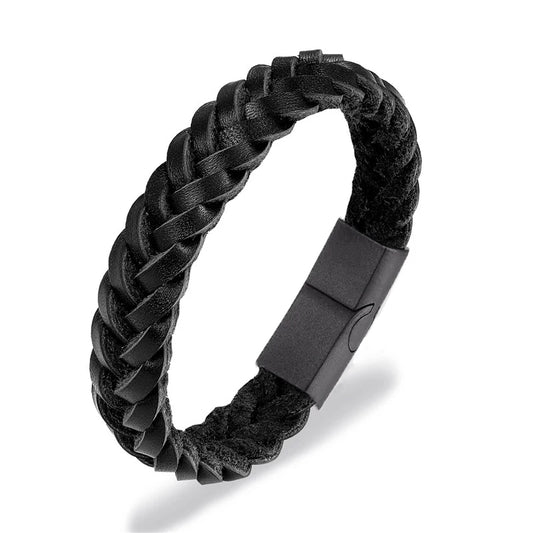 Race Line Brushed Black Leather & Steel Men’s Bracelet