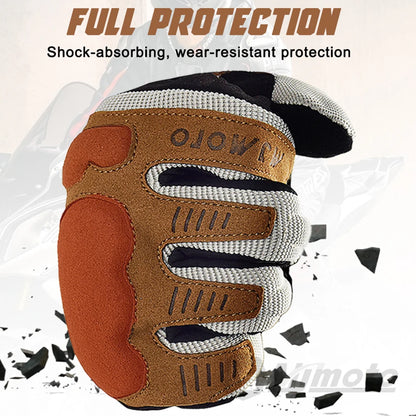 Brown and gray glove with 'ROMO' branding, featuring text about protection and durability.