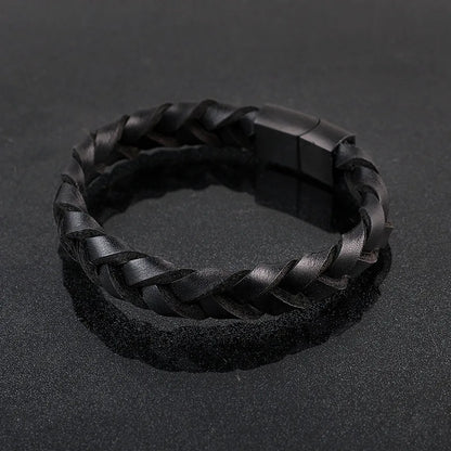 Race Line Brushed Black Leather & Steel Men’s Bracelet