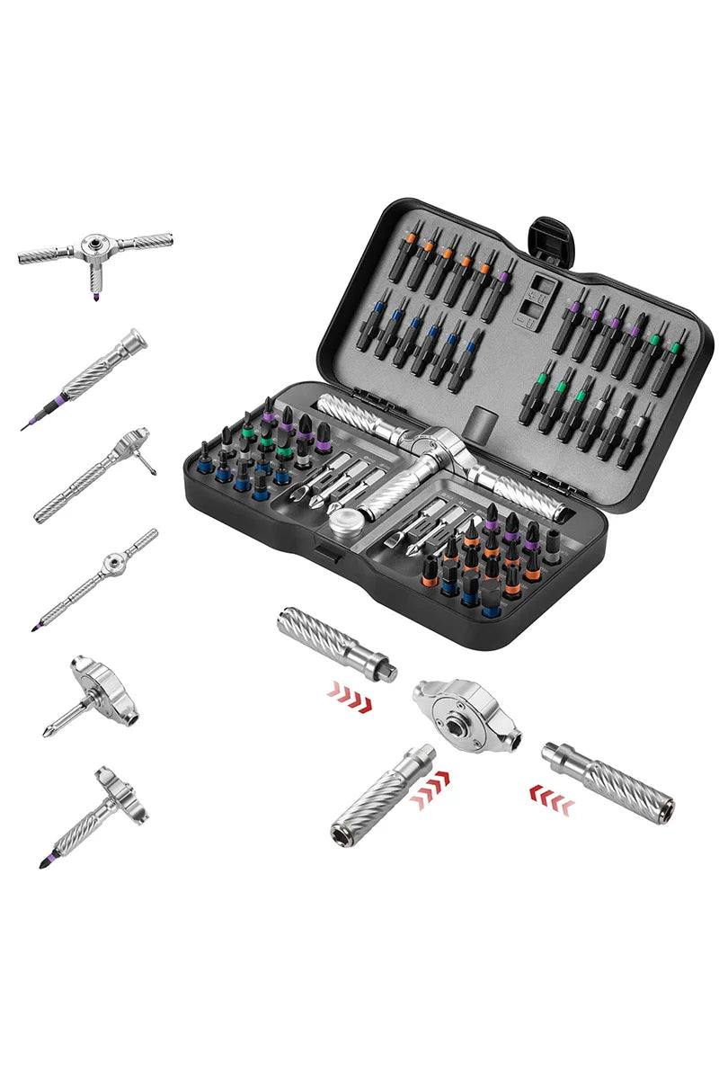 66-in-1 Magnetic Ratchet Screwdriver Set - T-Handle, Chrome-Vanadium, 66 Bits