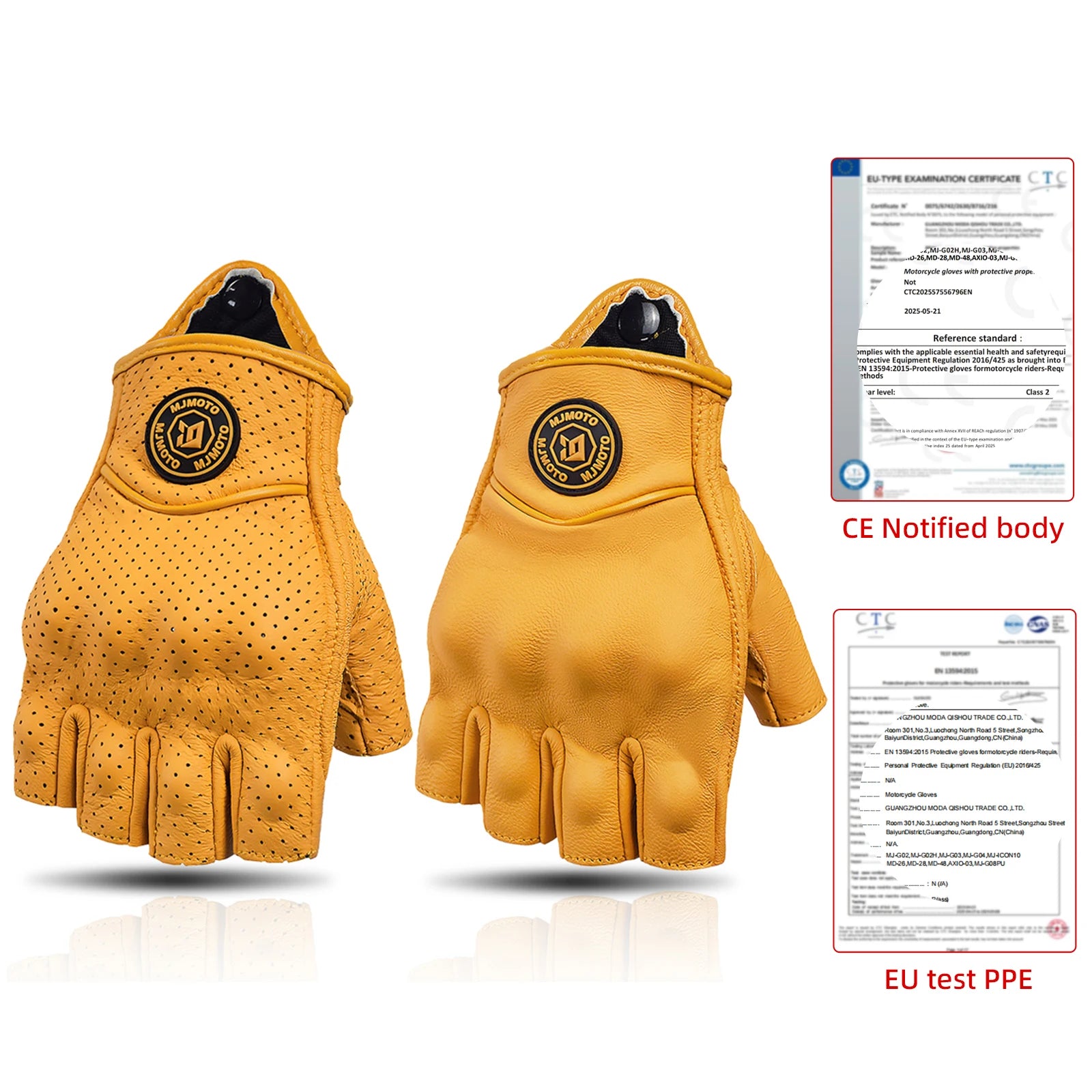 Yellow gloves with a brand logo on a white background, accompanied by CE certification documents.