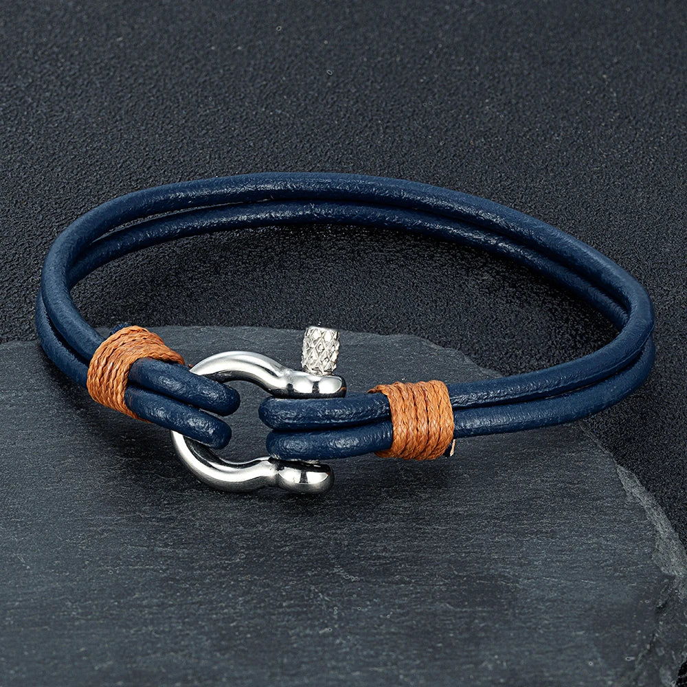 Horseshoe Shackle Leather Bracelet - Stainless Steel