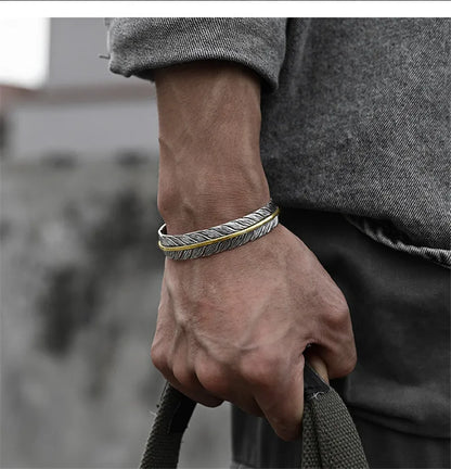 Wild Spirit Feather Cuff  Adjustable Silver Bracelet for Men
