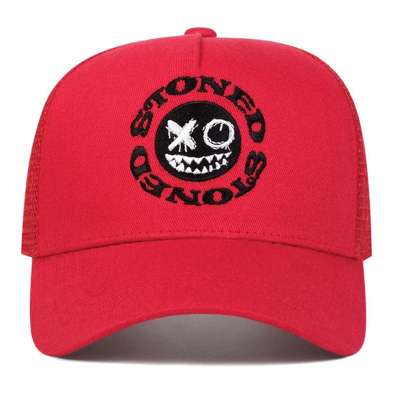 STONED Smiley Face Baseball Cap - Mesh Trucker Hat Unisex