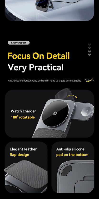 3-in-1 Wireless Charger Stand - 15W MagSafe Fast Charging for iPhone, AirPods & Apple Watch