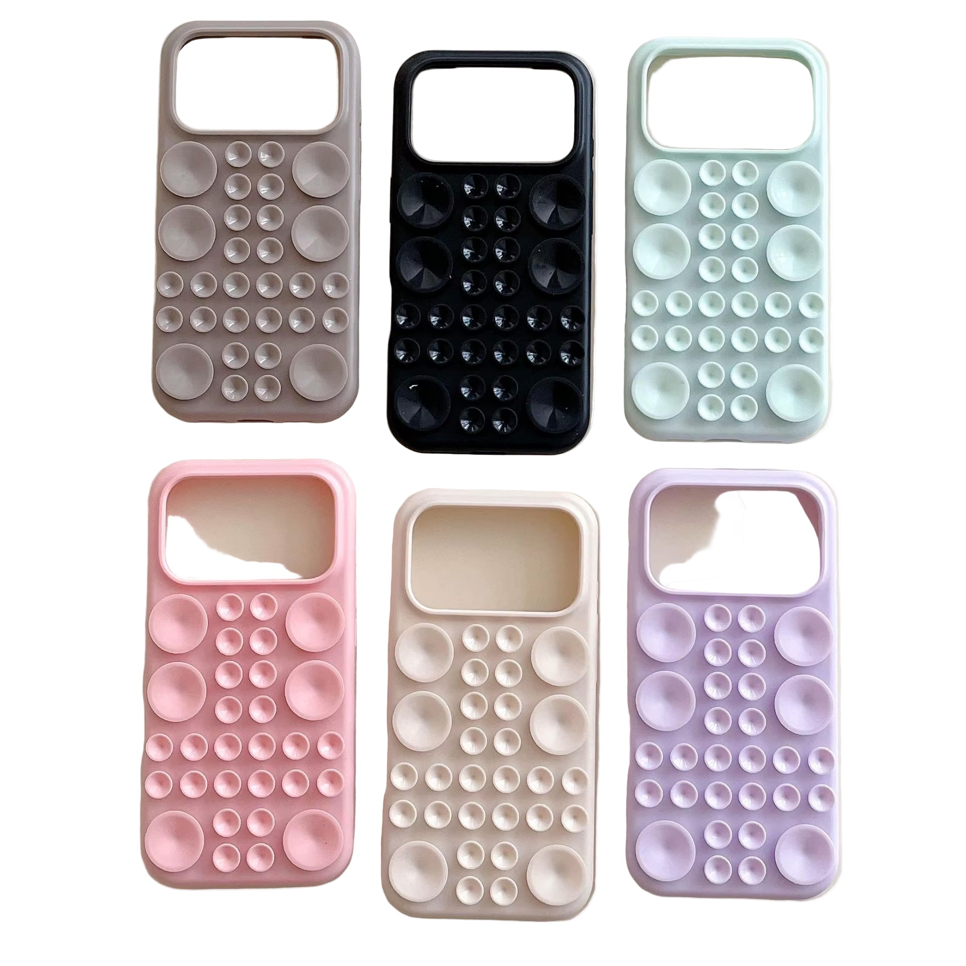 Set of six bubble texture phone cases in different colors on a beige background