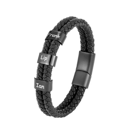 Custom Family Name Braided Leather Bracelet for Men Personalized Stainless Steel Charm