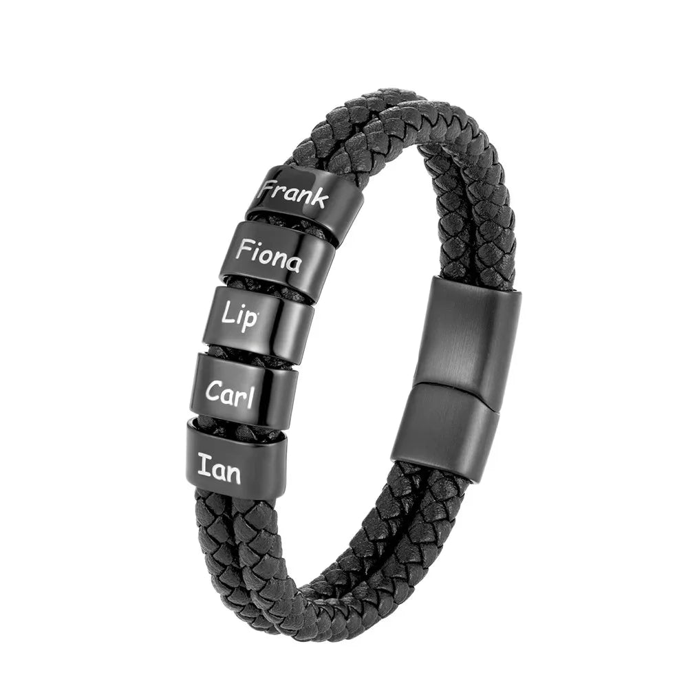 Custom Family Name Braided Leather Bracelet for Men Personalized Stainless Steel Charm