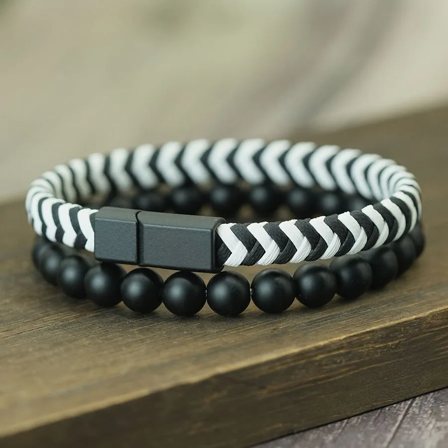 Noter 2Pcs Bracelets Exclusifs Pour Hommes 8mm Onyx Stone Strand Braclet Handmade Weaven Leather Braslet Perfect Gift For Him deideas