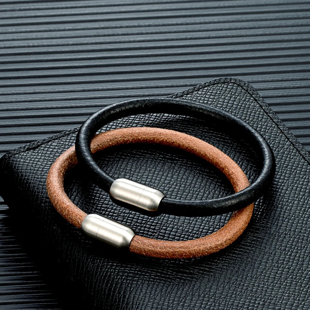 Genuine Leather Bracelet – Stainless Steel Magnetic Clasp | Men’s Vintage Style