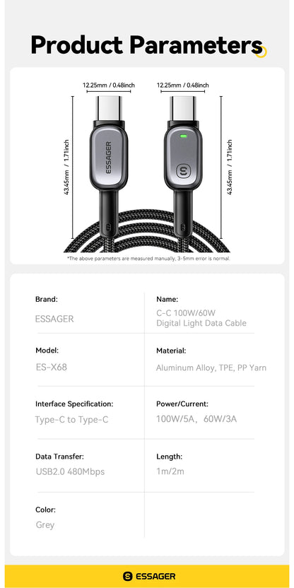 USB-C to USB-C Cable with LED Display 100W - Smart Fast Charging Cable | Universal Devices
