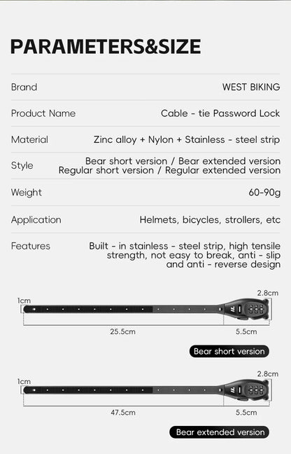 Candado de Combinación con Cable Portátil - Aleación de Zinc, 3 Dígitos, 31cm y 53cm, Casco y Bicicleta