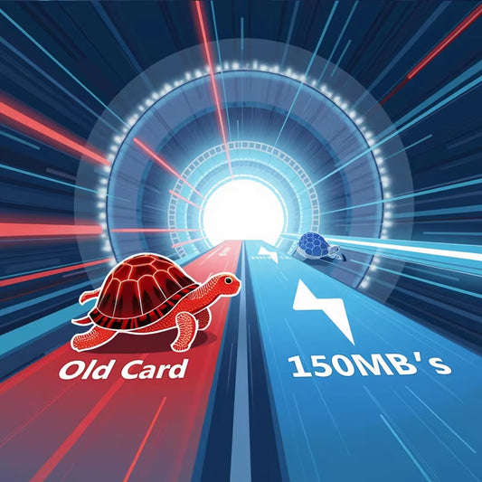 Tortoise-like characters on either side of a tunnel with 'Old Card' and '150MB's' text.