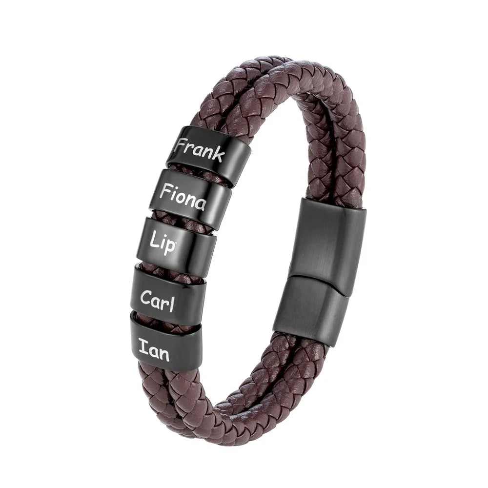 Custom Family Name Braided Leather Bracelet for Men Personalized Stainless Steel Charm