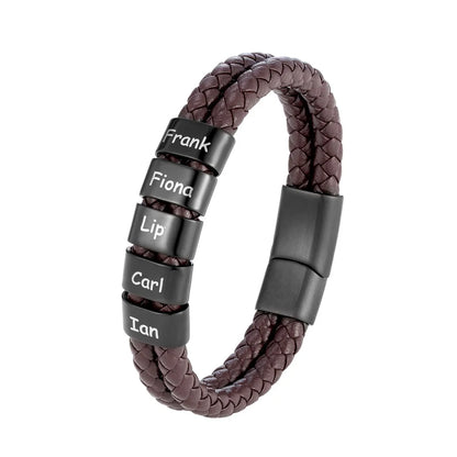Custom Family Name Braided Leather Bracelet for Men Personalized Stainless Steel Charm