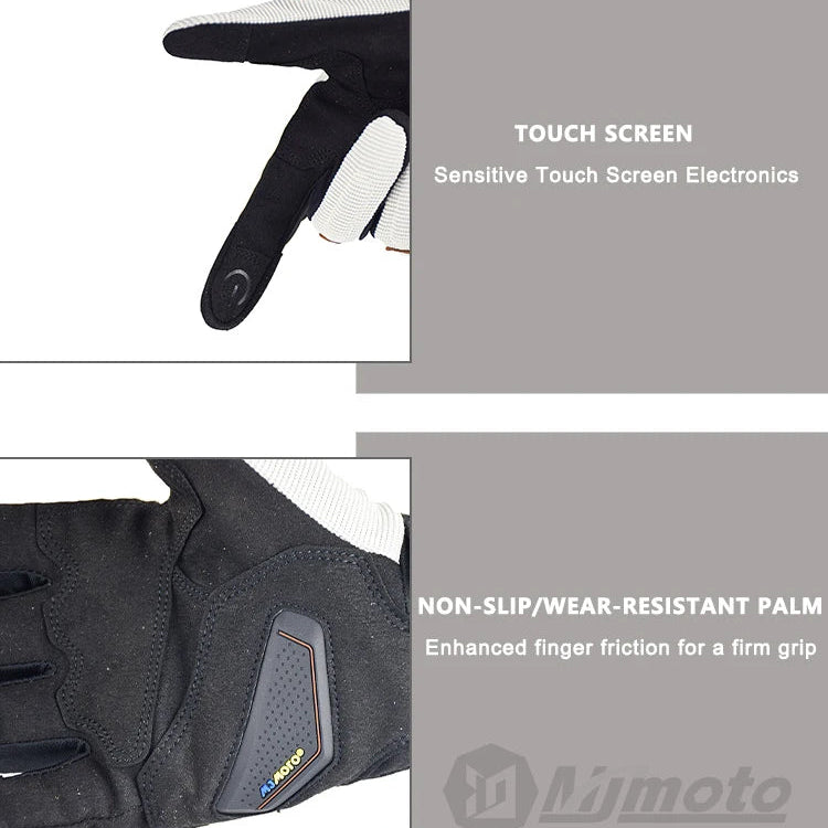 Black gloves with touch screen and non-slip palm features on a gray background