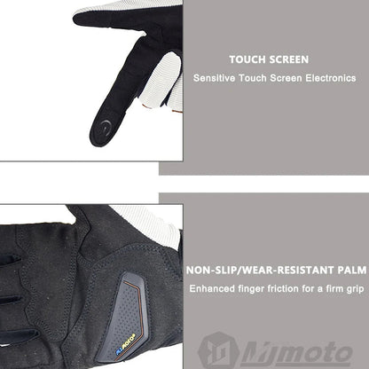 Black gloves with touch screen and non-slip palm features on a gray background