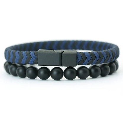 Noter 2Pcs Bracelets Exclusifs Pour Hommes 8mm Onyx Stone Strand Braclet Handmade Weaven Leather Braslet Perfect Gift For Him deideas