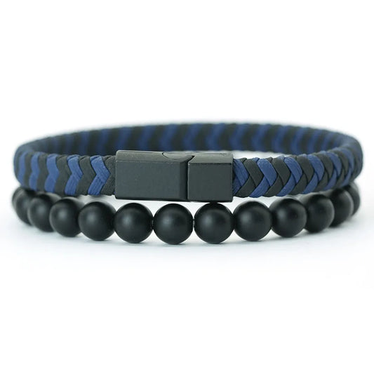 Noter 2Pcs Bracelets Exclusifs Pour Hommes 8mm Onyx Stone Strand Braclet Handmade Weaven Leather Braslet Perfect Gift For Him deideas
