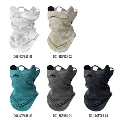 Collection of five neck gaiters in different colors on a white background