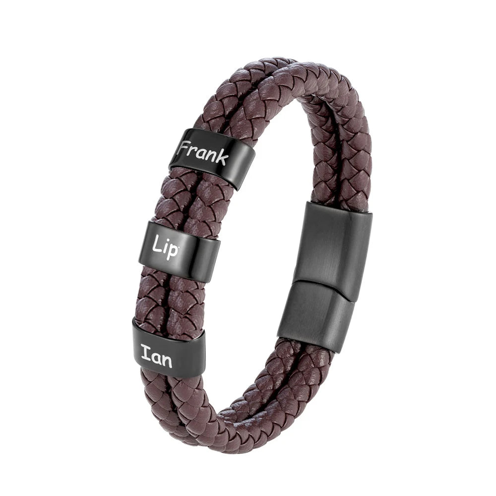 Custom Family Name Braided Leather Bracelet for Men Personalized Stainless Steel Charm