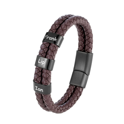 Custom Family Name Braided Leather Bracelet for Men Personalized Stainless Steel Charm