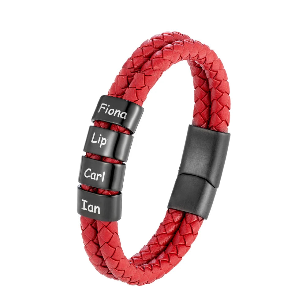 Custom Family Name Braided Leather Bracelet for Men Personalized Stainless Steel Charm