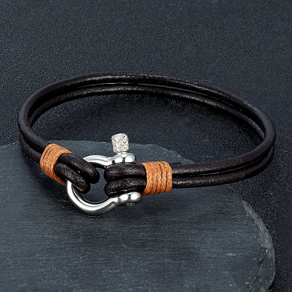 Horseshoe Shackle Leather Bracelet - Stainless Steel
