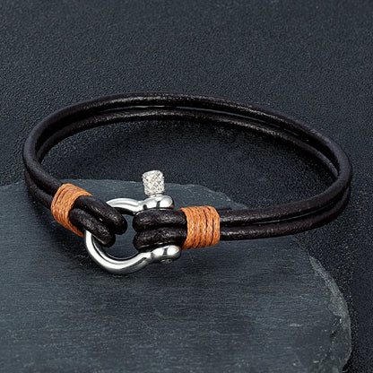 Horseshoe Shackle Leather Bracelet - Stainless Steel