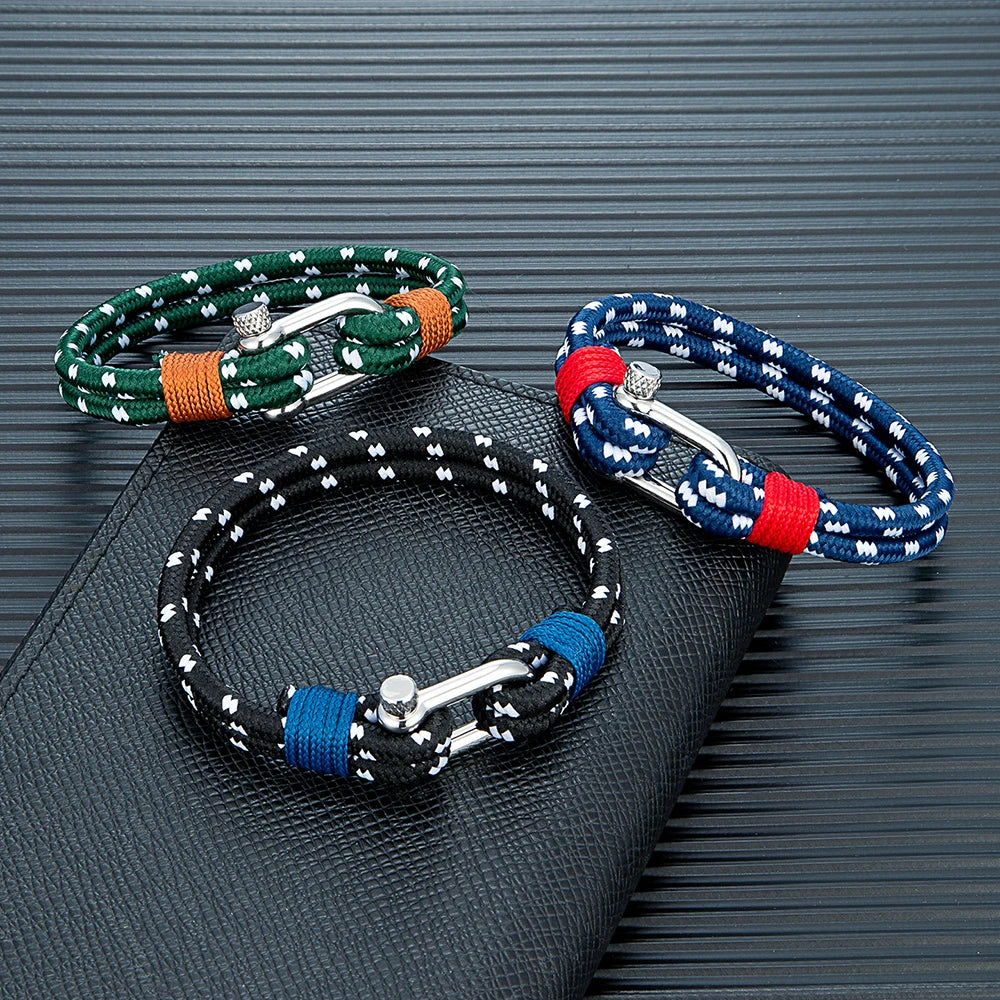 Double Strand Rope Bracelet - Stainless Steel Shackle, 4 Colors, 4 Sizes, Unisex