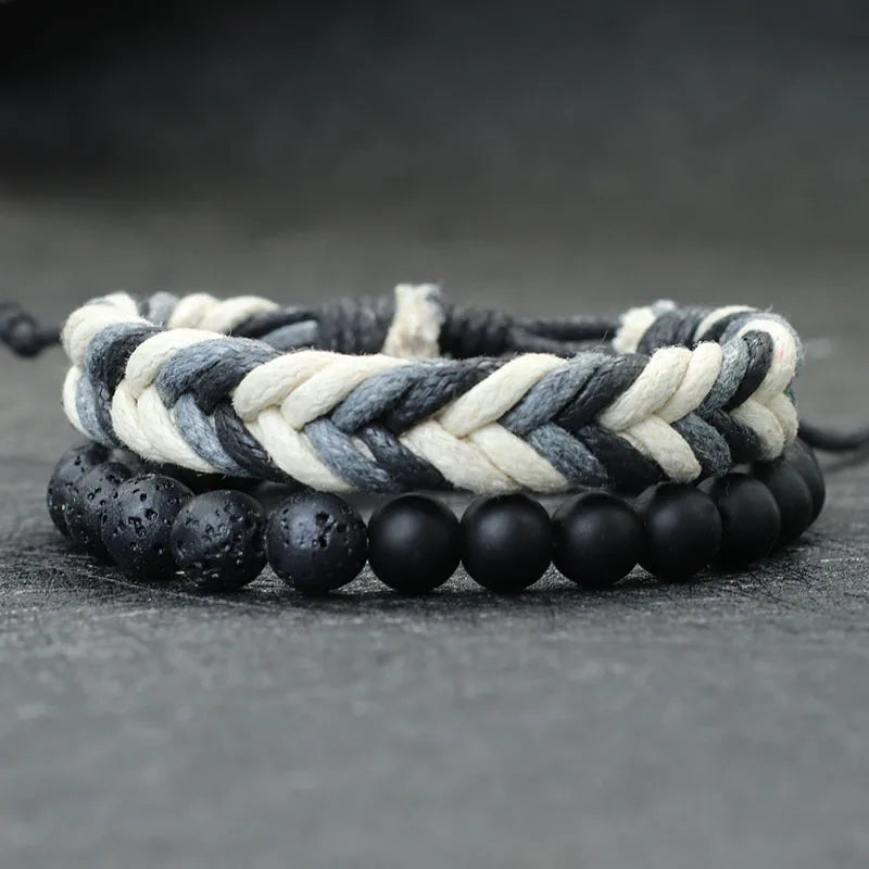 Noter New 2Pcs/Set Men Bracelet Handmade Weaven Adjustable Cord Chain Braslet 8mm Natural Lava Tiger Eyes Stone Braclet Homme deideas